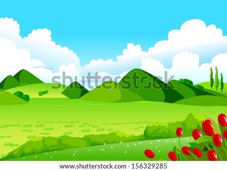 Blue Sky, Green Fields And Distant Hills. This Illustration Is A Common Natural Landscape. Rolling Landscape, Blue Sky, Green Fields And Distant Hills For Your Creative Needs.