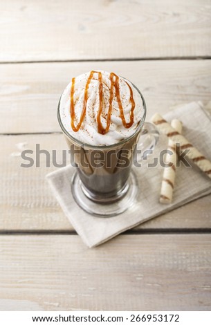 iced coffee with milk and caramel ice cream