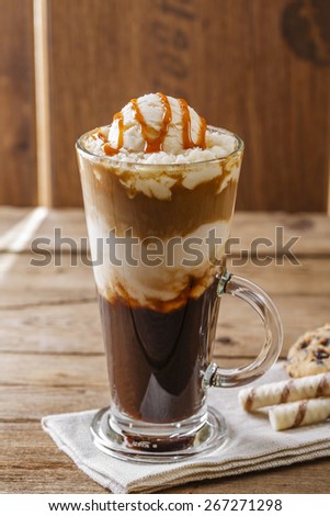 iced coffee with milk and caramel ice cream