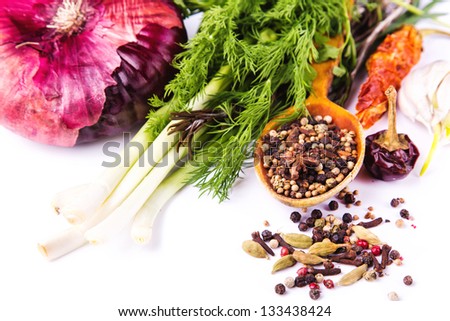 Various spices and herbs, onion and garlik isolated on white