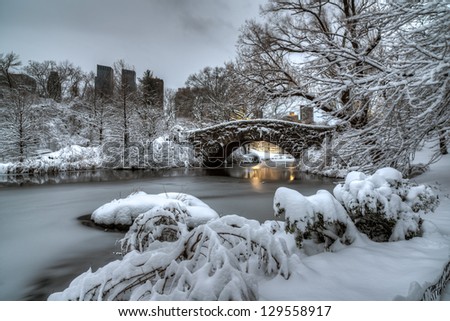 Central Park, New York City At Gapstow Bridge In The Early Morning After Snow Storm
