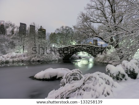 Central Park, New York City at Gapstow bridge in the early morning after snow storm