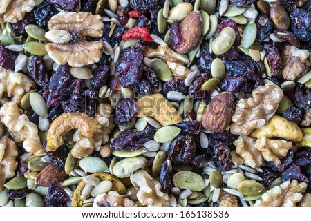 Trail mix made up us walnuts,cashews,crasins,raisins,alonds