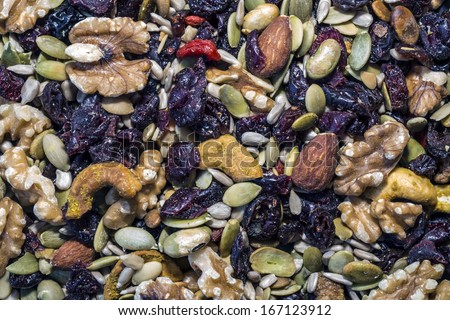 Trail mix made up of walnuts,cashews,crasins,raisins,almonds