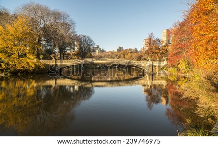 The Bow Bridge  is a cast iron bridge located in Central Park, New York City, autumn in early morning