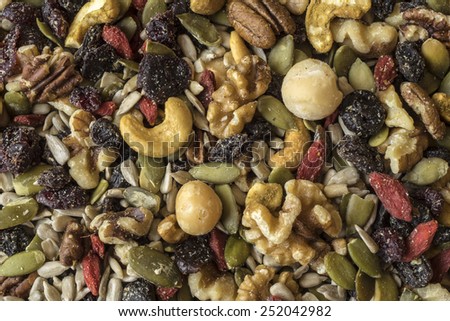 Healthy trail mix of nuts, seeds, and dried fruits