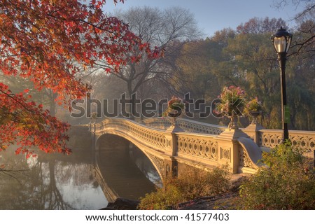 Early morning in the fog in Central Park New York City by the bow bridge