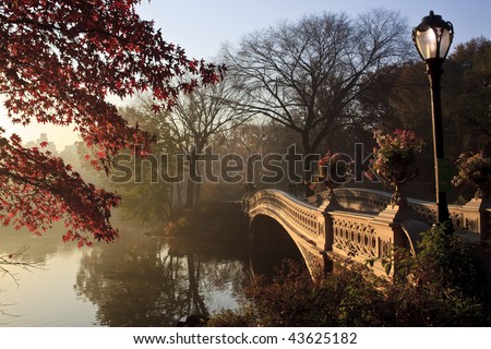 bow bridge in central park nyc. in the fog in Central Park