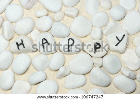Happy word on group of pebbles on the sand
