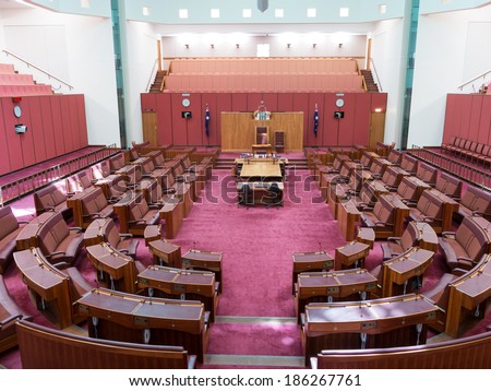 CANBERRA, AUSTRALIA - FEB 06, 2014: Interior view of Australian Senate in Parliament of Australia, Canberra, Australia