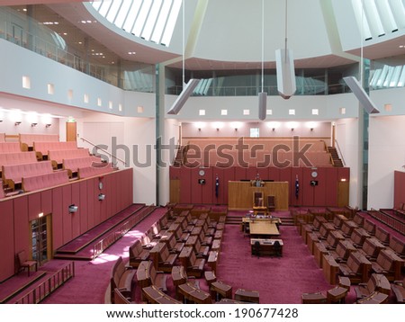 CANBERRA, AUSTRALIA - FEB 06, 2014: Interior view of Australian Senate in Parliament of Australia, Canberra, Australia