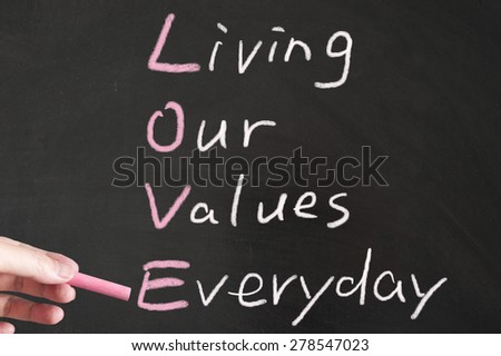 Love - Living our values everyday words written on the blackboard using chalk