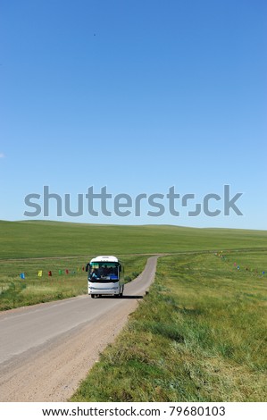 Bus in Hulun Buir grassland of Inner-Mongolia, China