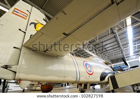 BANGKOK, THAILAND - MAY 2 : Ancient air plane in Foundation for Conservation and Development of Thai Aircraft on May 2 2012 which on during Maintenance in Thai Air force Don Mueng Bangkok