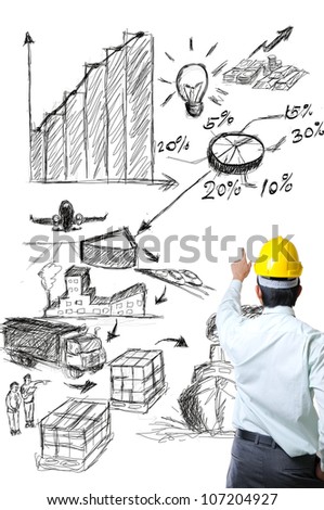 Engineer on point with sketch logistic idea with white background
