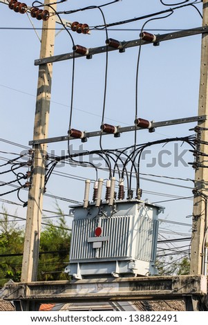 Close up Electrical power transformer in Thailand