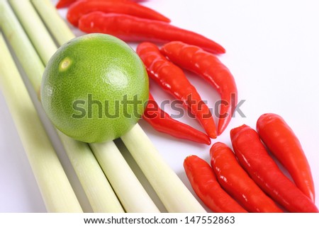 Close up Lemon grass  with lemon and red pepper