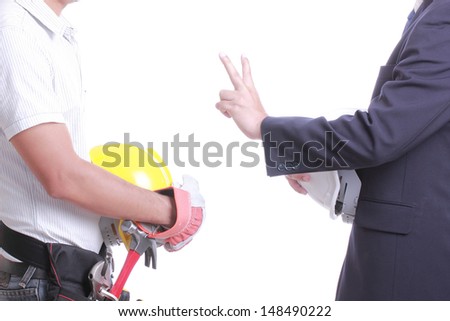 Engineer show hand for give Fighting to worker with white background