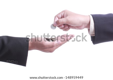 Businessman give money to partner with white background