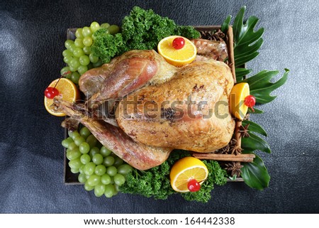 Close up Roast Turkey on wood tray