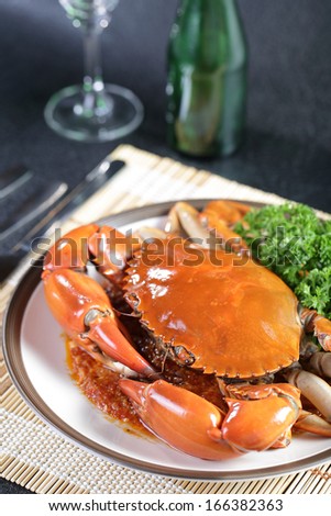Close up Singapore chili mud crab in restaurant
