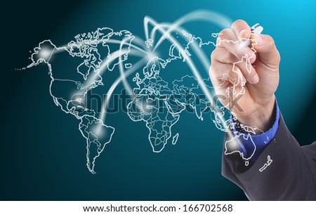 Businessman writing network line  business map in the world
