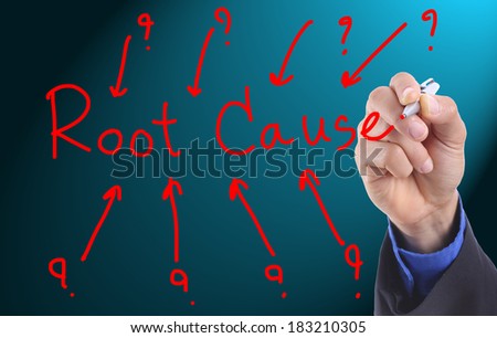 Businessman writing Root cause   business map in the world