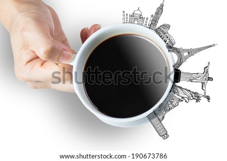Coffee Travel and drawing land mark beside coffee cup