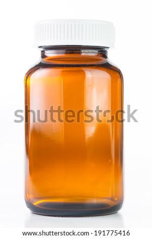 Close up Vial of pills medical container with white background