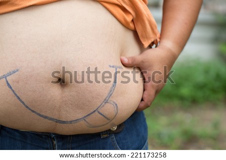 Fat man used hand for check his weight with overweight concept