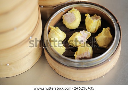 Dimsum food on the Chinese Traditional Bamboo for steaming  in Thailand