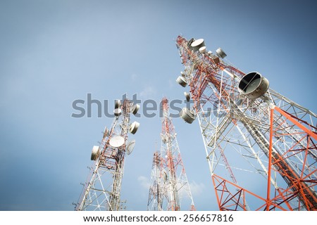 Telecommunication mast TV antennas with blue sky in the morning