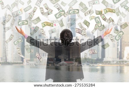 Businessman catching money with open arm with white background