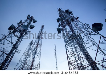 Telecommunication mast TV antennas with blue sky in the morning