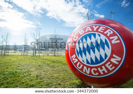 MUNICH ,GERMANY-NOVEMBER 13 ,22015: Ball logo Bayern Munchen FC in front of allianz Arena football stadium for fan club take photo in this area in Germany.