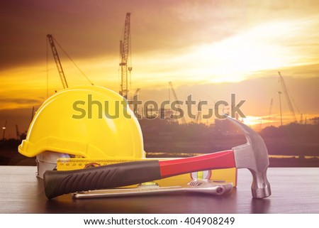 Labor day tools and equipment for work in construction site place.