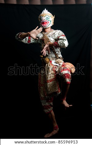 Hanuman of Thailand Dancing art called “Khon” that high class of dance in Siam Bangkok Thailand. Studio Female Dancing art with Black back ground