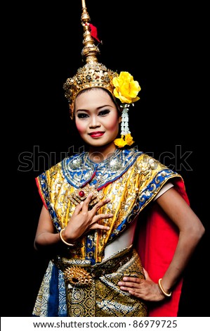 Thailand Dancing art “Khon” that high class of dance in Siam Bangkok Thailand. Studio Female Dancing art with Black back ground
