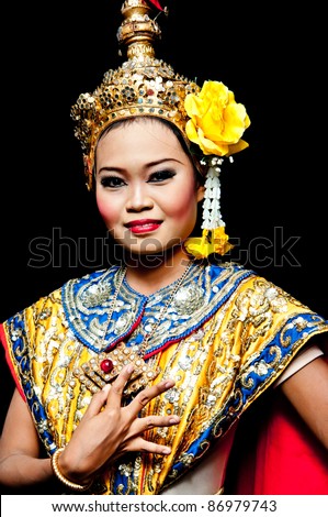 Thailand Dancing art “Khon” that high class of dance in Siam Bangkok Thailand. Studio Female Dancing art with Black back ground