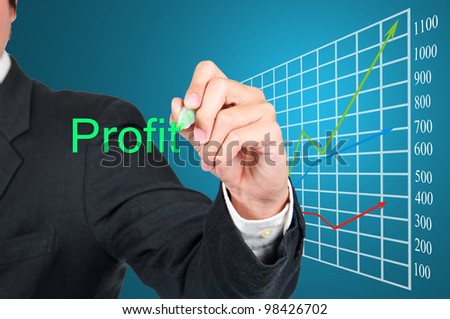 Businessman writing profit concept and growing business graph.