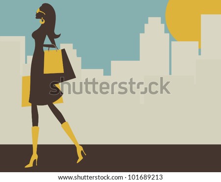 Illustration of a young elegant woman shopping in the big city.