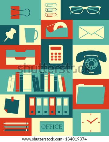 Retro style poster with different office items Retro style poster with different office items