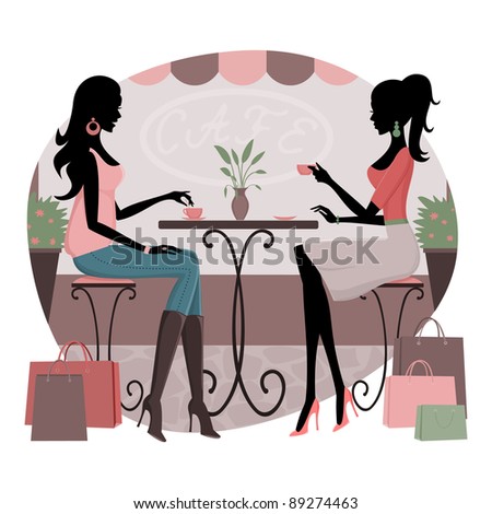 Two young fashionable women having coffee after a day of shopping