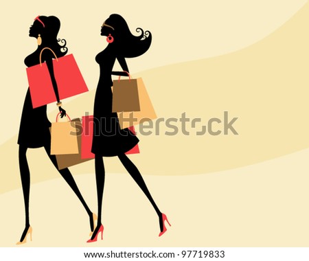 Vector illustration of two young fashionable women shopping.