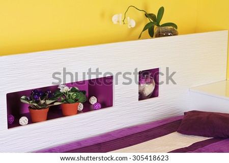 Home decoration, living room design, white and violet colors, bed decor,