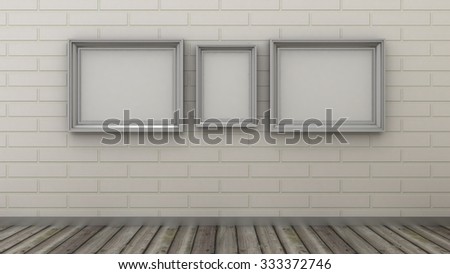 Empty picture frames in modern interior background on the white brick wall with rustic wooden floor Copy space image.