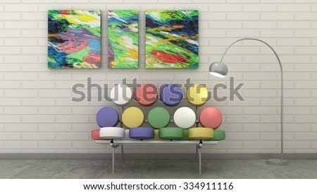 Picture in classic interior background on the decorative brick wall with concrete floor. Copy space image. 3d render