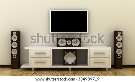 Empty LED TV on television shelf with home theater, cinema sound speaker system in modern, classic interior background with white decorative paint wall and wooden floor. Copy space image. 3d render