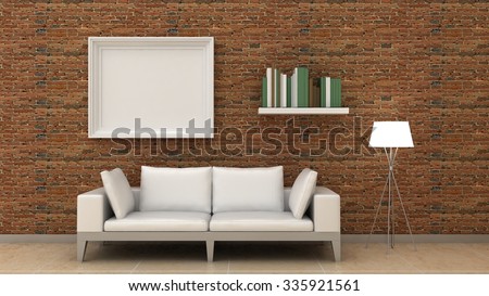 Empty picture frames in classic interior background on the decorative brik wall with marble floor. Copy space image. 3d render