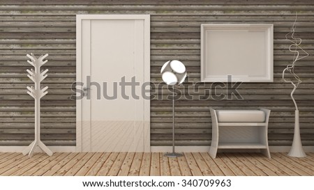 Empty picture frames in classic interior entrance background on the decorative wood wall with wooden floor. Copy space image. 3d render